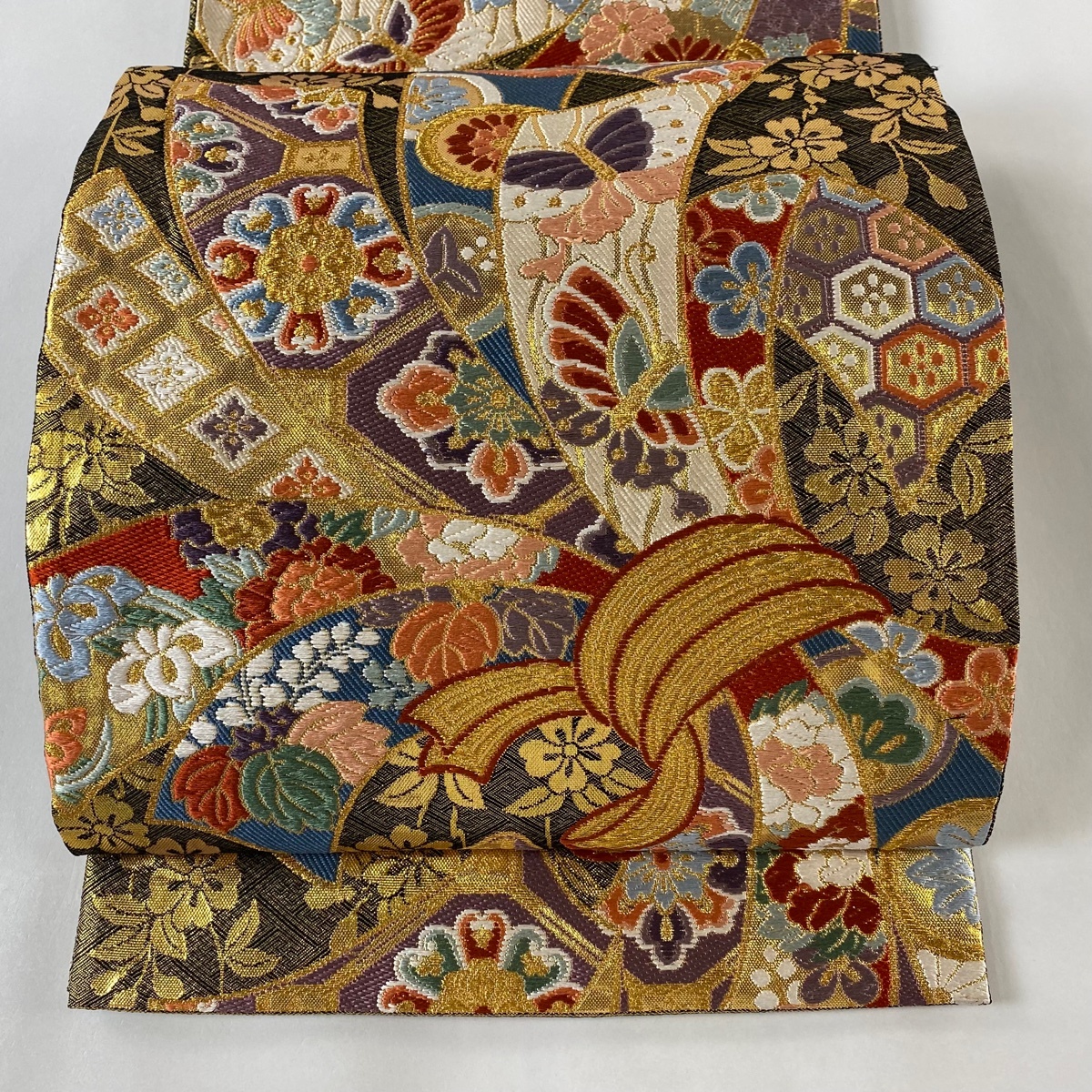 袋帯 秀品 束ね熨斗 華文 刺繍 金糸 黒 六通 正絹 【中古】拍卖