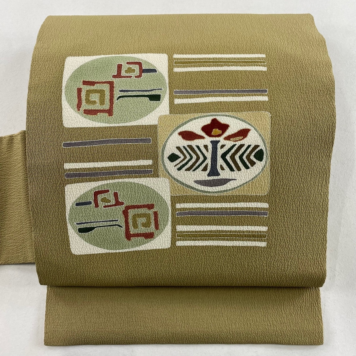 名古屋帯 美品 秀品 草花 幾何学 金彩 山吹茶色 正絹 【中古】拍卖