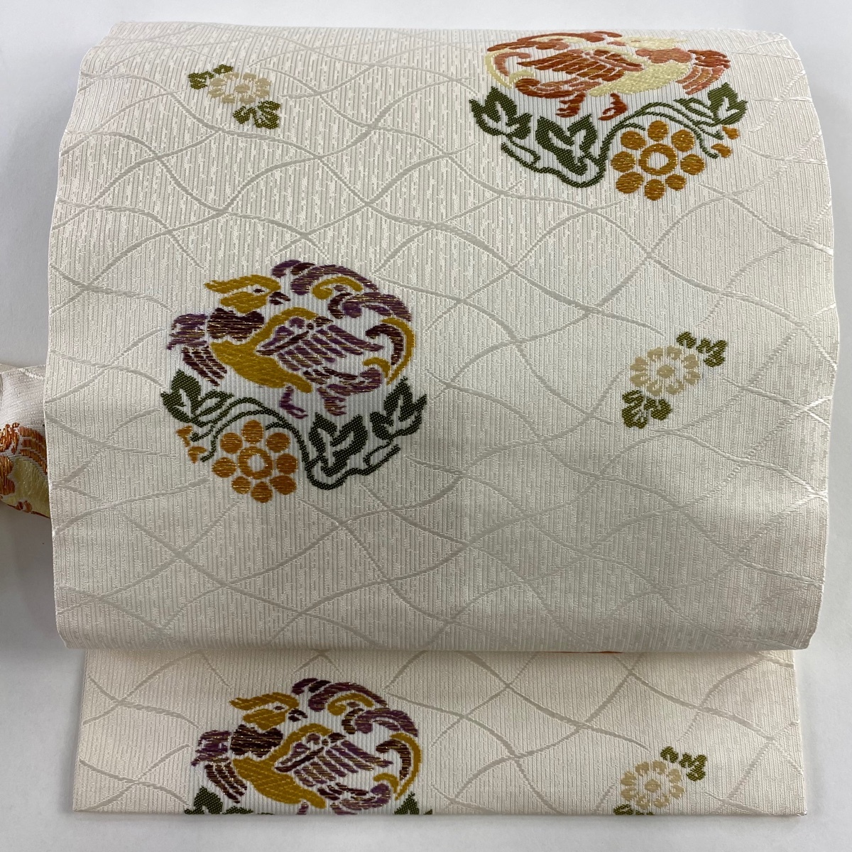 名古屋帯 美品 秀品 鳥 草花 刺繍 箔 クリーム 正絹 【中古】拍卖