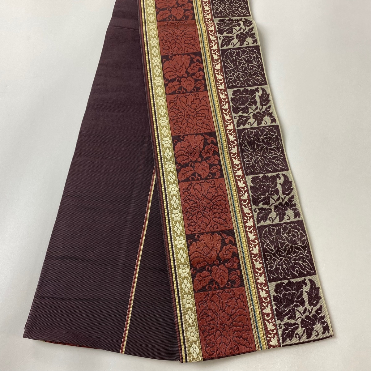 半幅帯 美品 名品 草花 市松 小豆色 正絹 【中古】拍卖