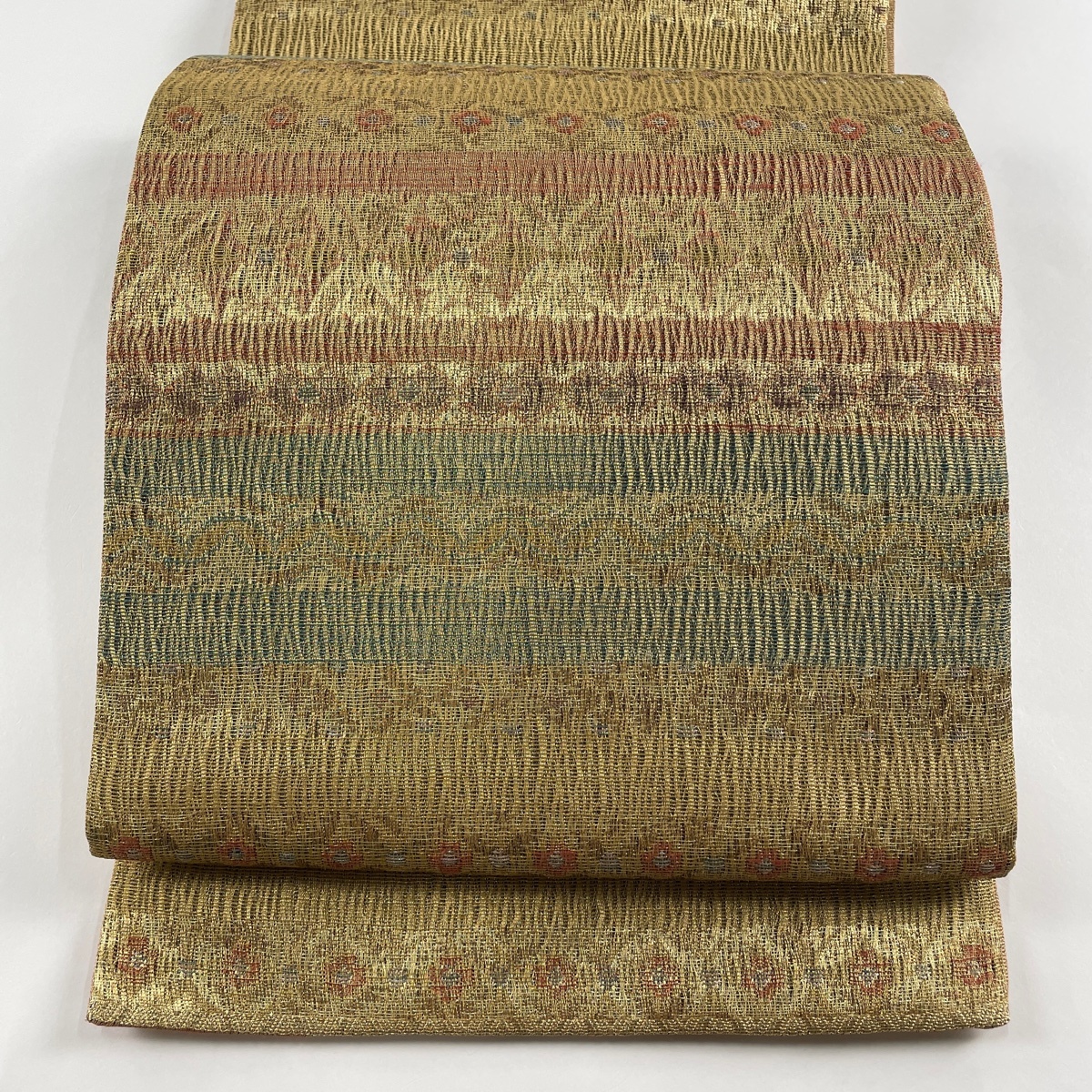 袋帯 秀品 七宝 草花 金糸 箔 金色 六通 正絹 【中古】拍卖