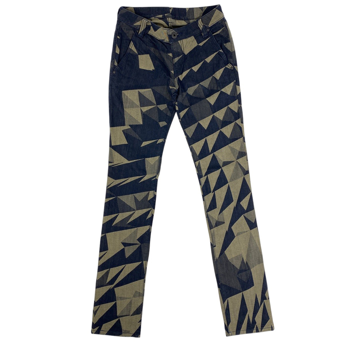 【在庫一掃】 イッセイミヤケ ISSEY MIYAKE スキニー デニムパンツ A-POC ジオメトリック柄 ローライズ ネイビー ベージュ 【中古】拍卖