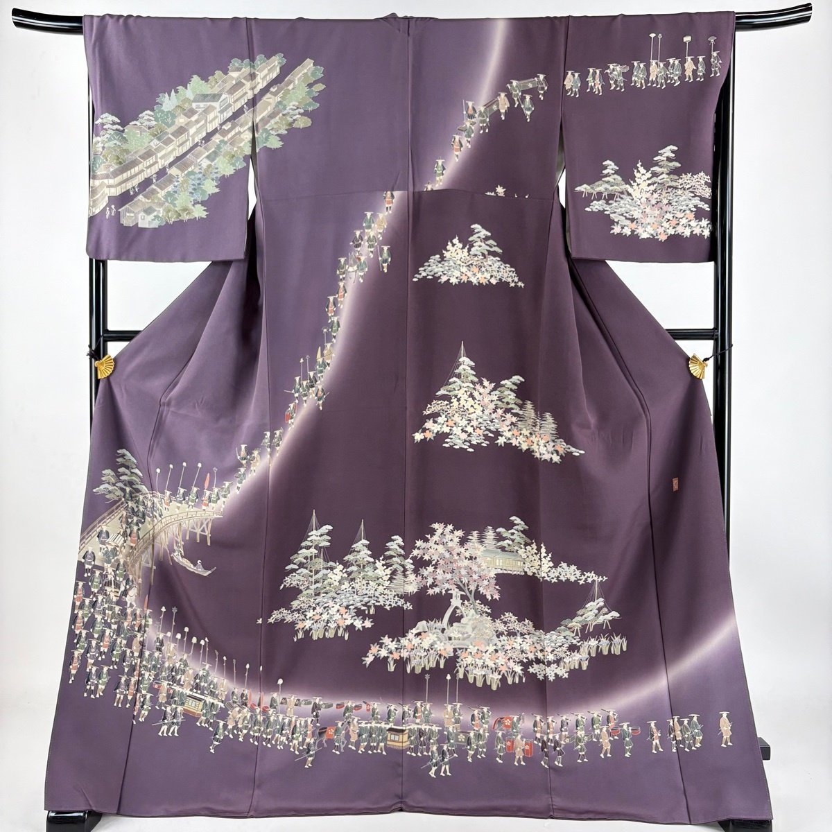 訪問着 身丈172cm 裄丈68cm L 袷 田村哲彦 落款 大名行列 ぼかし 紫 正絹 逸品 【中古】拍卖