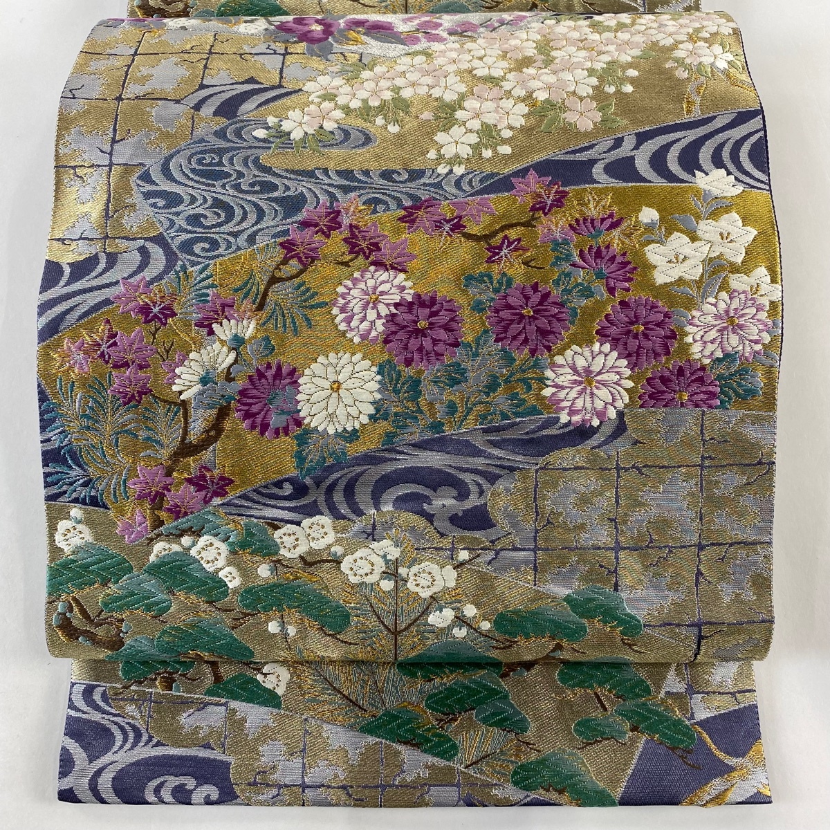 袋帯 美品 逸品 じゅらく 落款 帝王紫 菊 桜 刺繍 金銀糸 青紫 お太鼓柄 正絹 【中古】拍卖