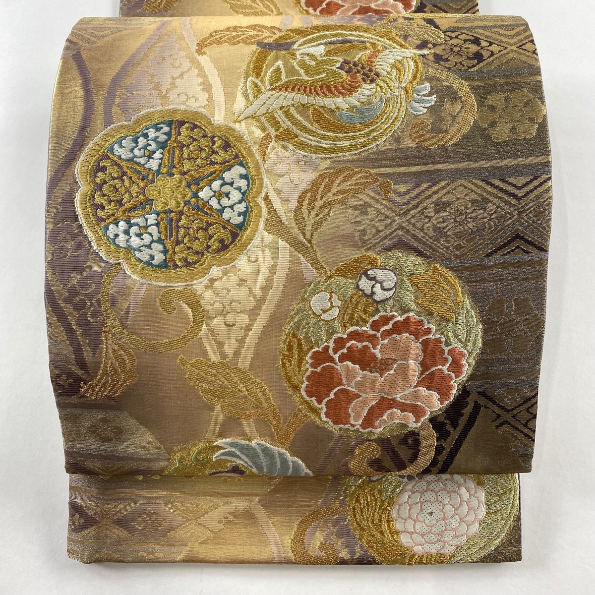 袋帯 秀品 草花 鳥 金銀糸 箔 金色 六通 正絹 【中古】拍卖