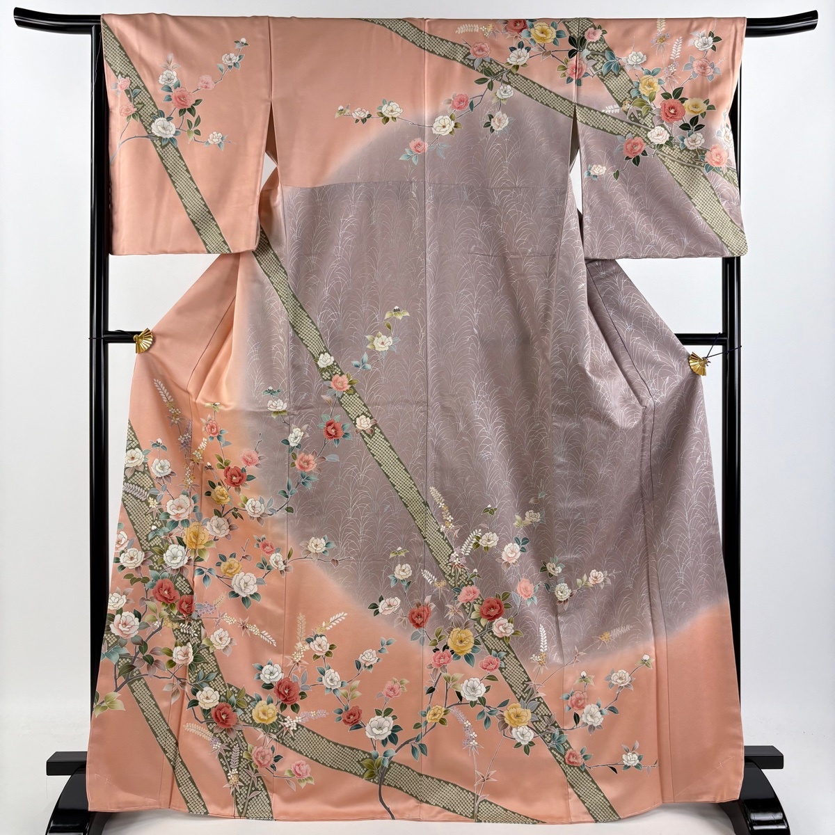 訪問着 身丈168cm 裄丈65.5cm M 袷 椿 草花 金銀糸 金彩 ピンク 正絹 名品 【中古】拍卖