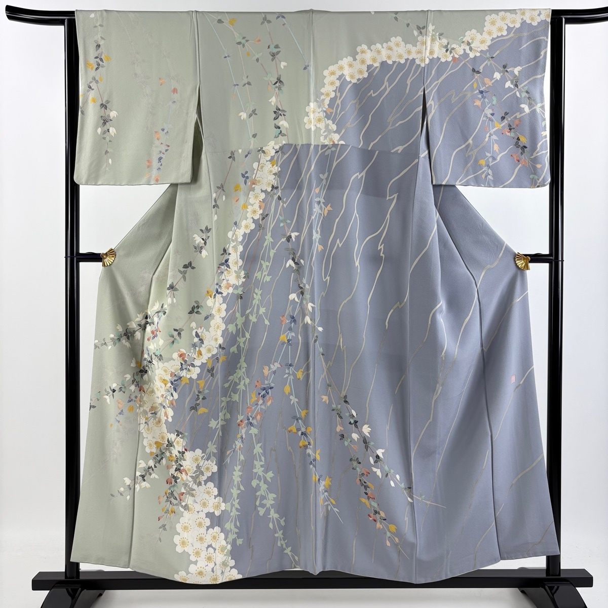 訪問着 身丈155cm 裄丈62.5cm S 袷 落款 枝花 桜 染め分け 灰緑 正絹 名品 【中古】拍卖