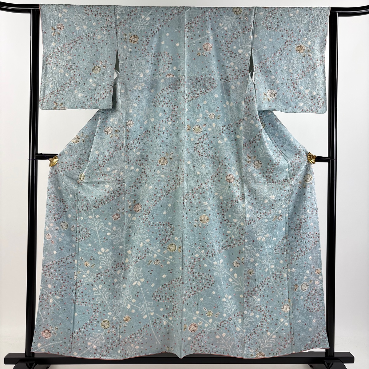小紋 身丈157.5cm 裄丈62cm S 袷 辻が花柄 流水 絞り 水色 正絹 名品 【中古】拍卖
