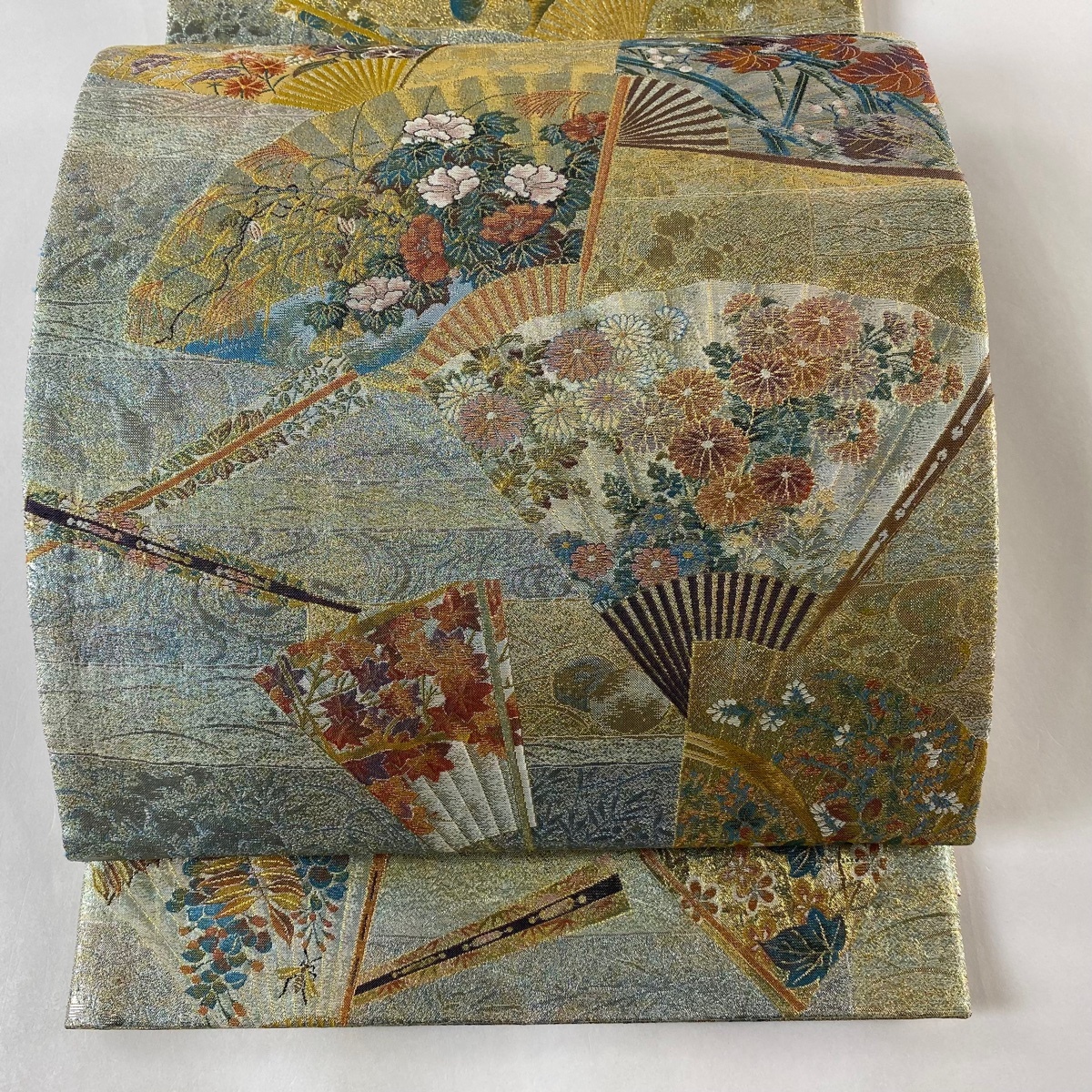 袋帯 美品 名品 リバーシブル 琳派三十六華扇 菊 箔 青灰色 全通 正絹 【中古】拍卖