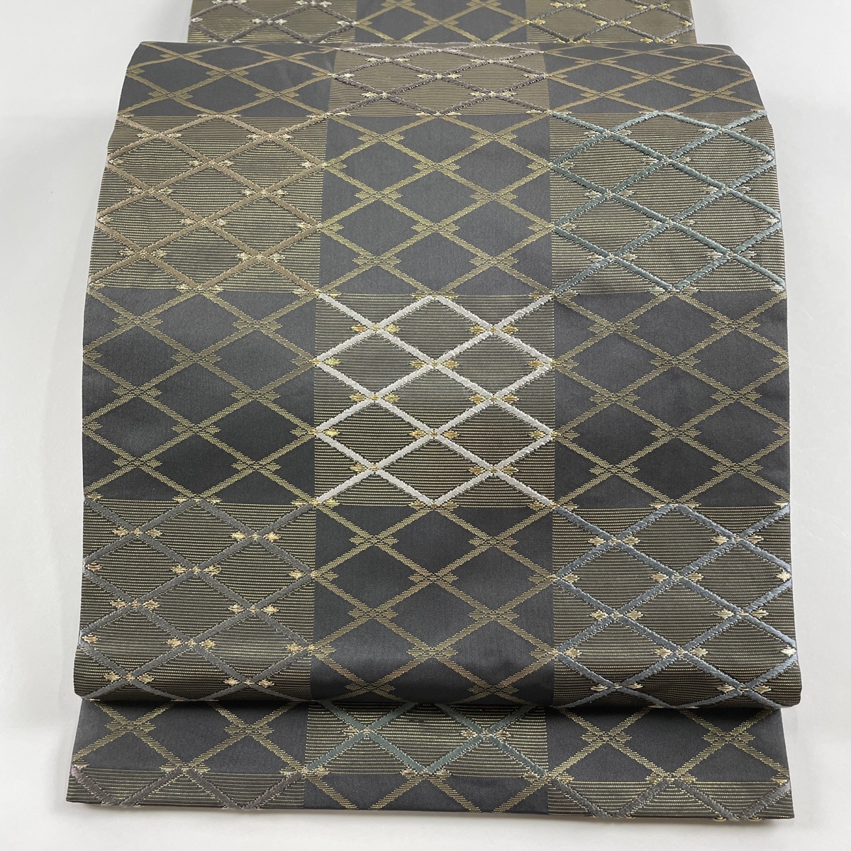 袋帯 美品 名品 落款 証紙 岩井流家元 岩井友之 市松 菱 金糸 箔 灰色 六通 正絹 【中古】拍卖