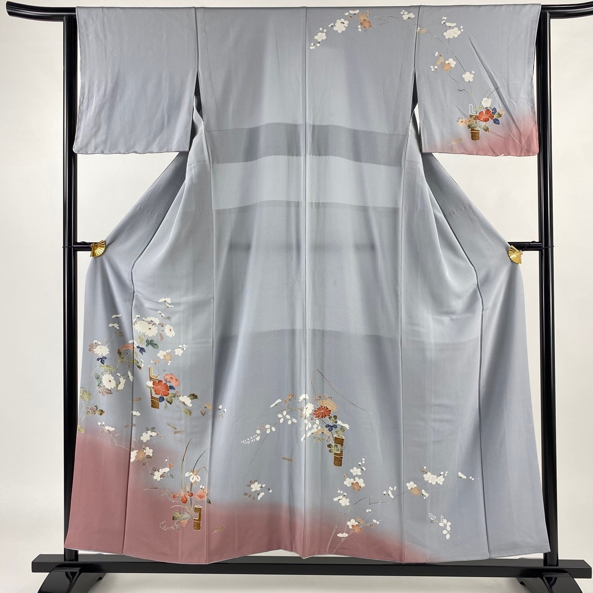 訪問着 身丈152.5cm 裄丈63cm S 袷 背抜き 鈴乃屋 草花 扇 染分け 青灰色 正絹 秀品 【中古】拍卖