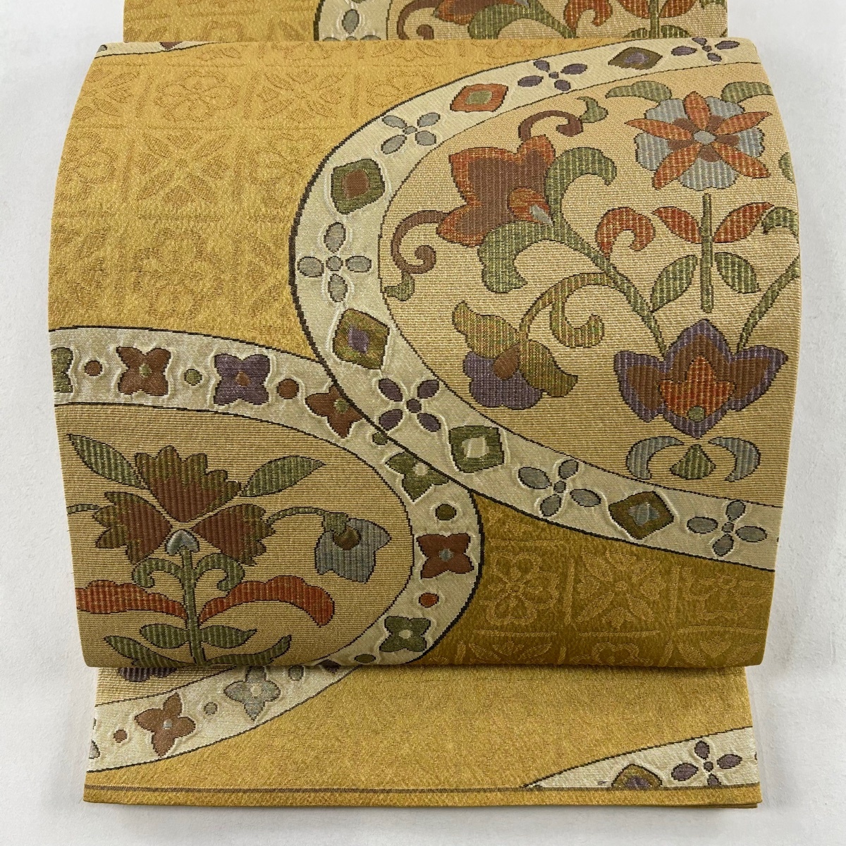 袋帯 美品 秀品 草花 箔 金糸 黄土色 六通 正絹 【中古】拍卖