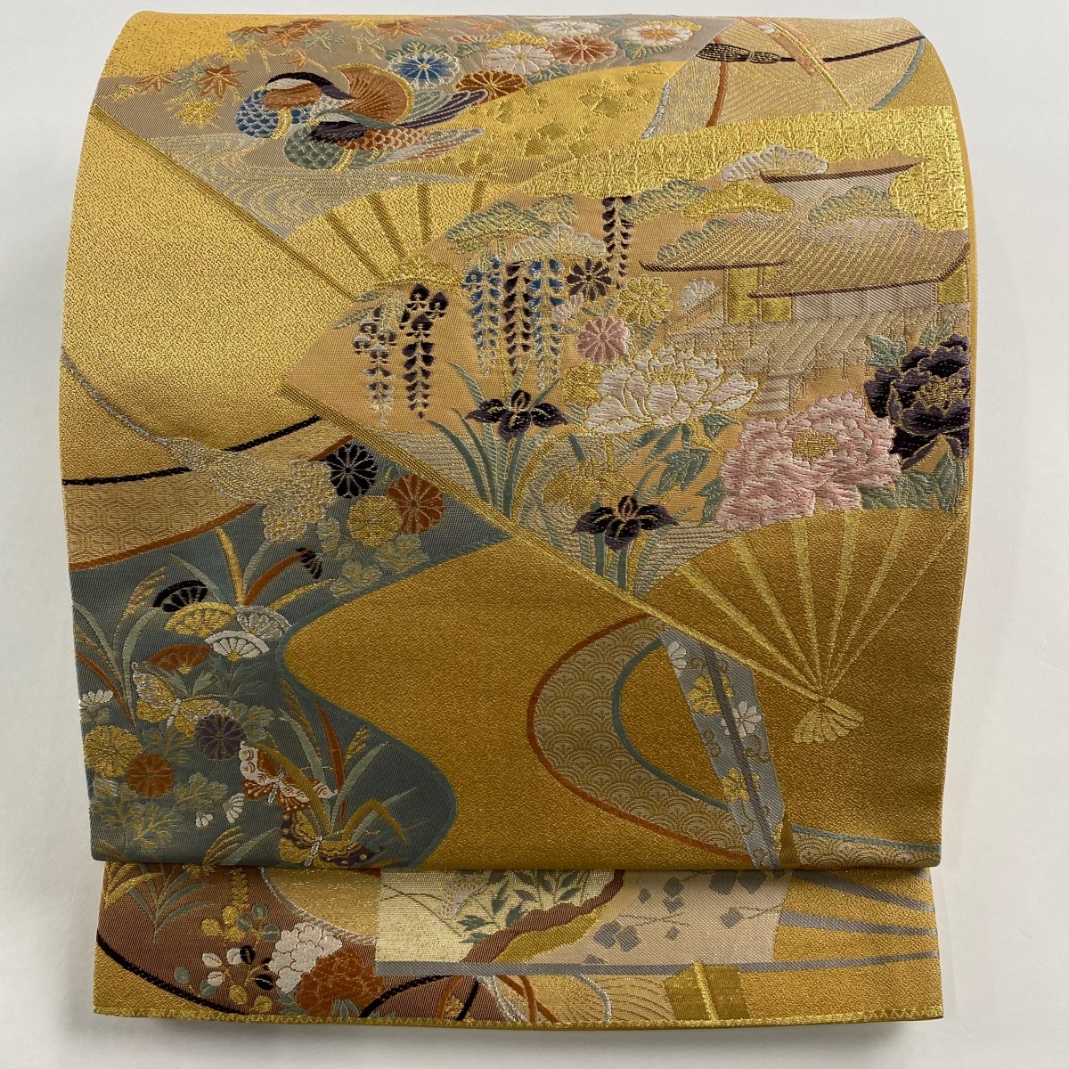 袋帯 秀品 関西仕立て 扇 草花 金糸 箔 山吹茶色 六通 正絹 【中古】拍卖