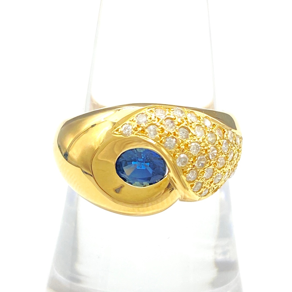 【在庫一掃】 サファイア デザインリング YG イエローゴールド メレダイヤ リング 14号 K18 サファイア ダイヤモンド 【中古】拍卖