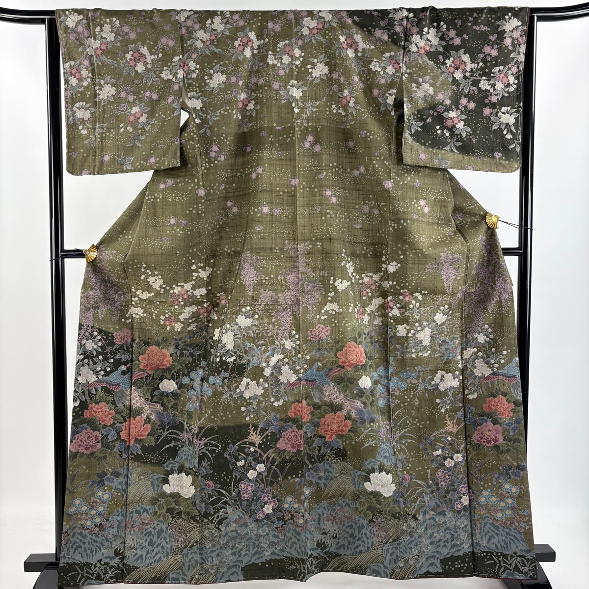 訪問着 身丈164.5cm 裄丈66cm M 袷 紬地 孔雀 牡丹 茶緑色 正絹 逸品 【中古】拍卖
