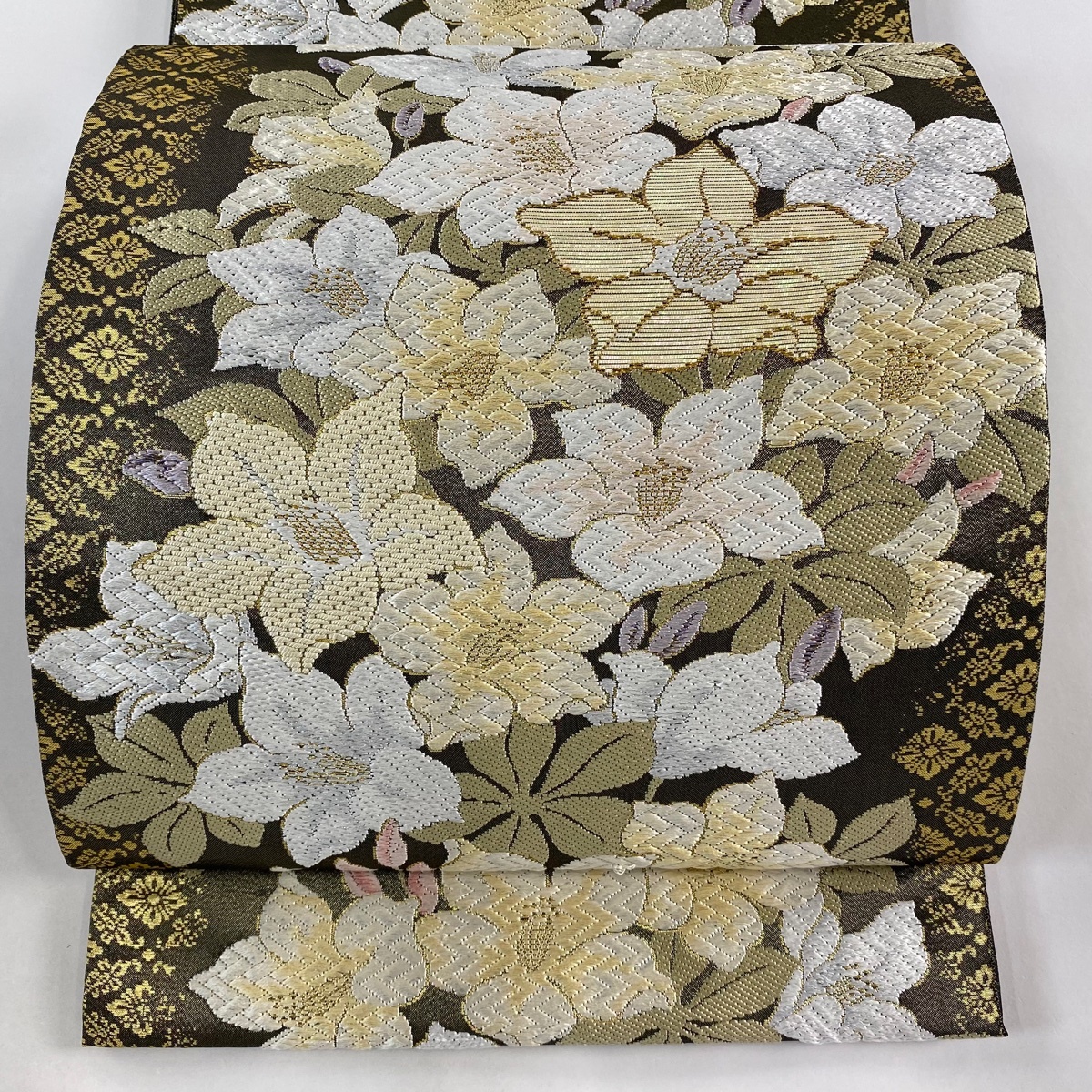 袋帯 美品 逸品 やまと 五葉躑躅 五葉躑躅 花菱 唐織 金銀糸 茶緑色 六通 正絹 【中古】拍卖