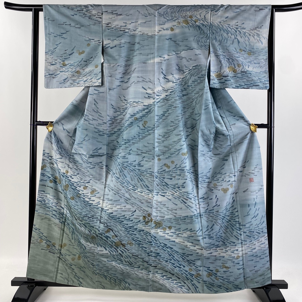 訪問着 身丈161cm 裄丈63cm S 袷 大島紬地 桑原啓之助 落款 証紙 幾何学 青灰色 正絹 美品 逸品 【中古】拍卖