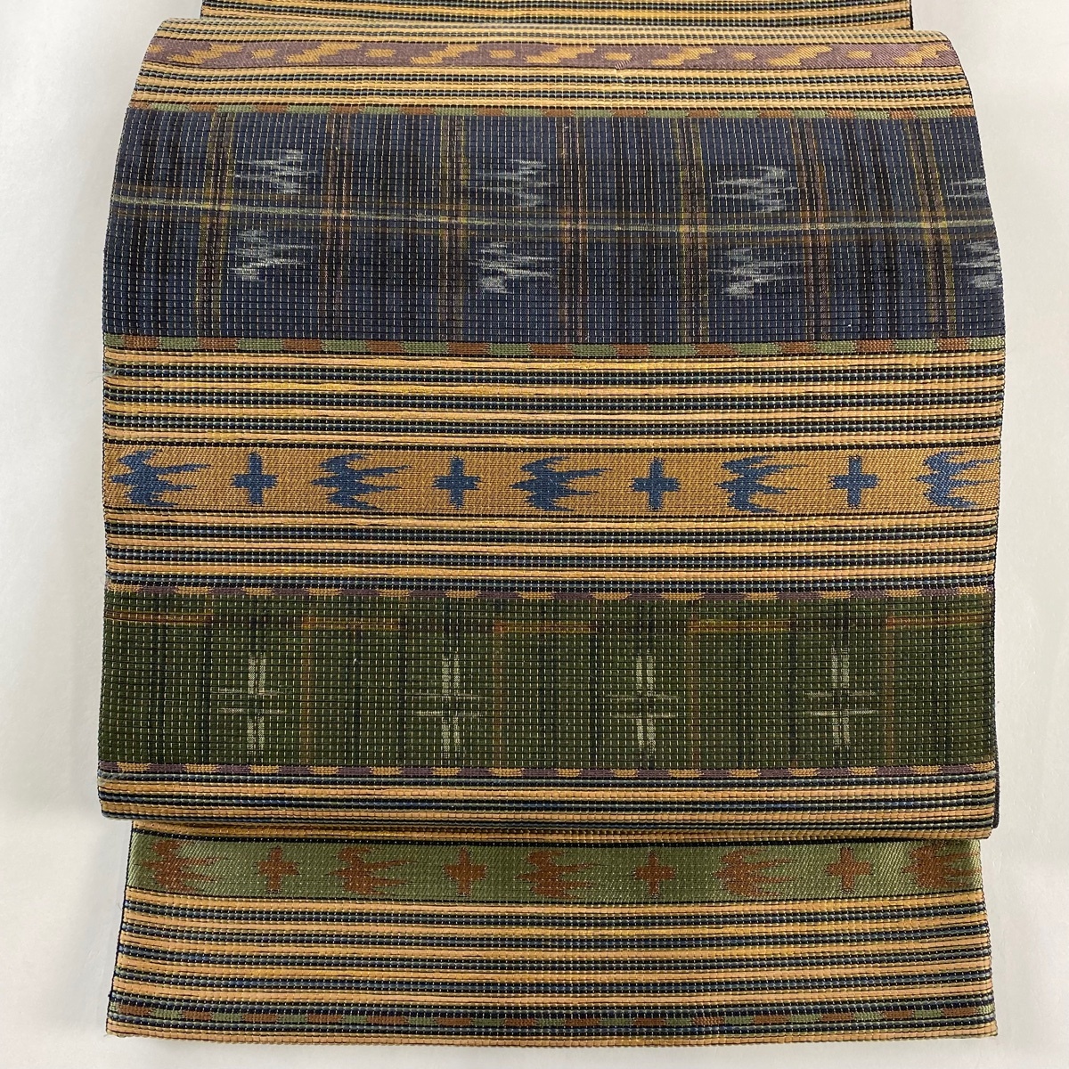 袋帯 名品 燕 縞 金通し 黄土色 お太鼓柄 正絹 【中古】拍卖