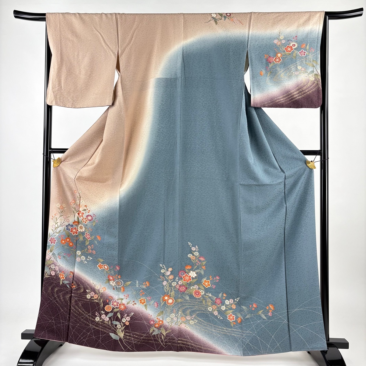 訪問着 身丈163.5cm 裄丈66cm M 袷 草花 流水 金彩 ぼかし 薄小豆 正絹 秀品 【中古】拍卖