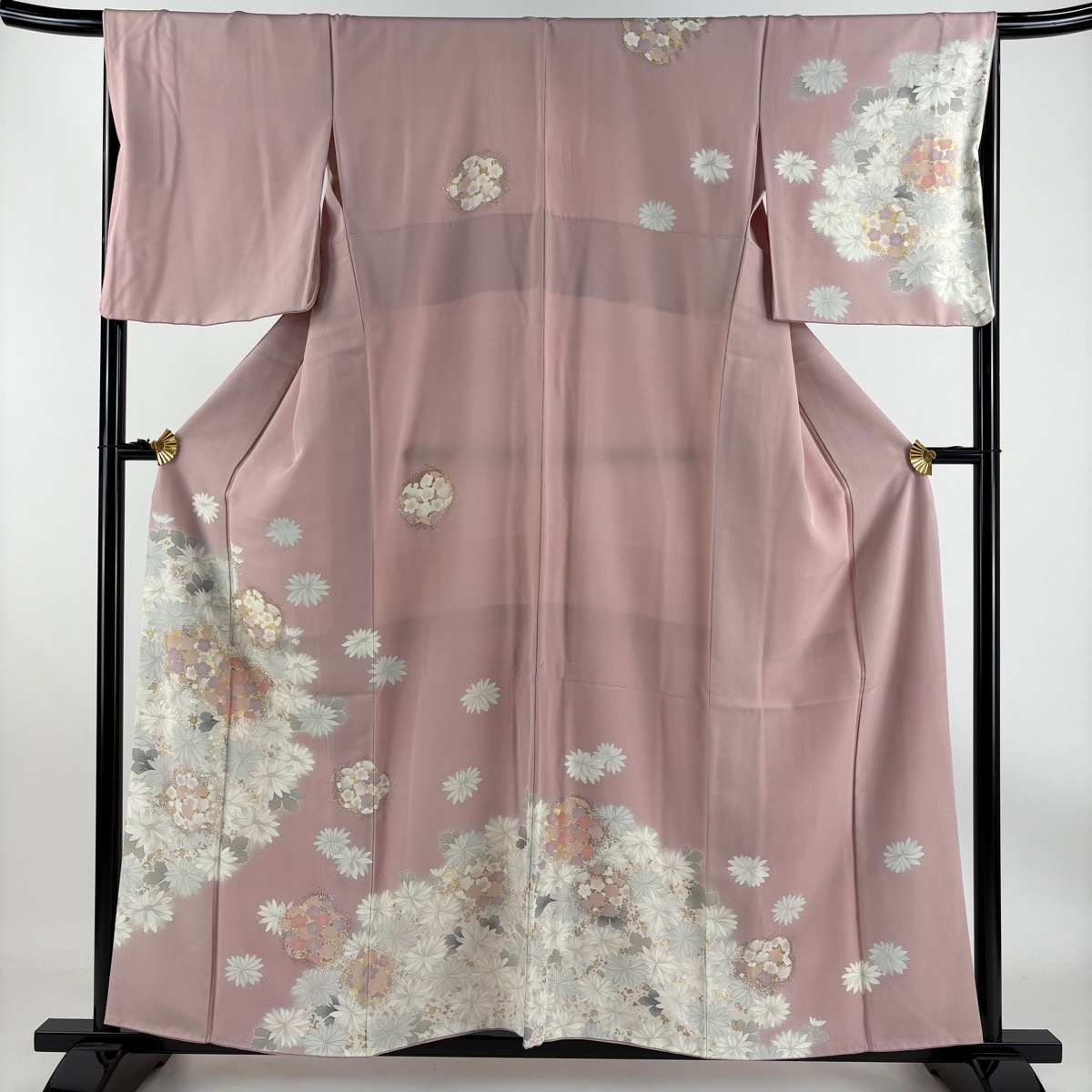 訪問着 身丈158cm 裄丈67cm M 袷 鈴乃屋 花丸文 菊 金銀彩 ピンク 正絹 秀品 【中古】拍卖
