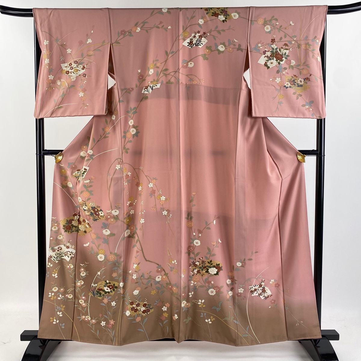 訪問着 身丈160cm 裄丈65.5cm M 袷 扇面 秋草 金糸 金彩 ピンク 正絹 美品 秀品 【中古】拍卖