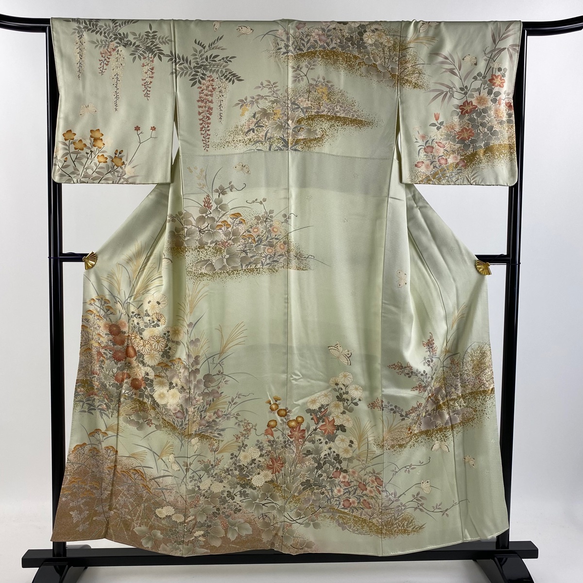 訪問着 身丈154.5cm 裄丈65cm M 袷 菊 秋草 金糸 金彩 薄緑 正絹 名品 【中古】拍卖