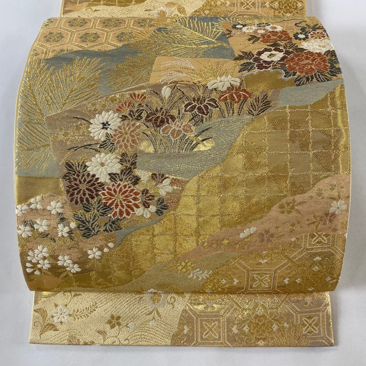 袋帯 美品 秀品 道長若松小袖文 色紙 金糸 箔 金色 六通 正絹 【中古】拍卖