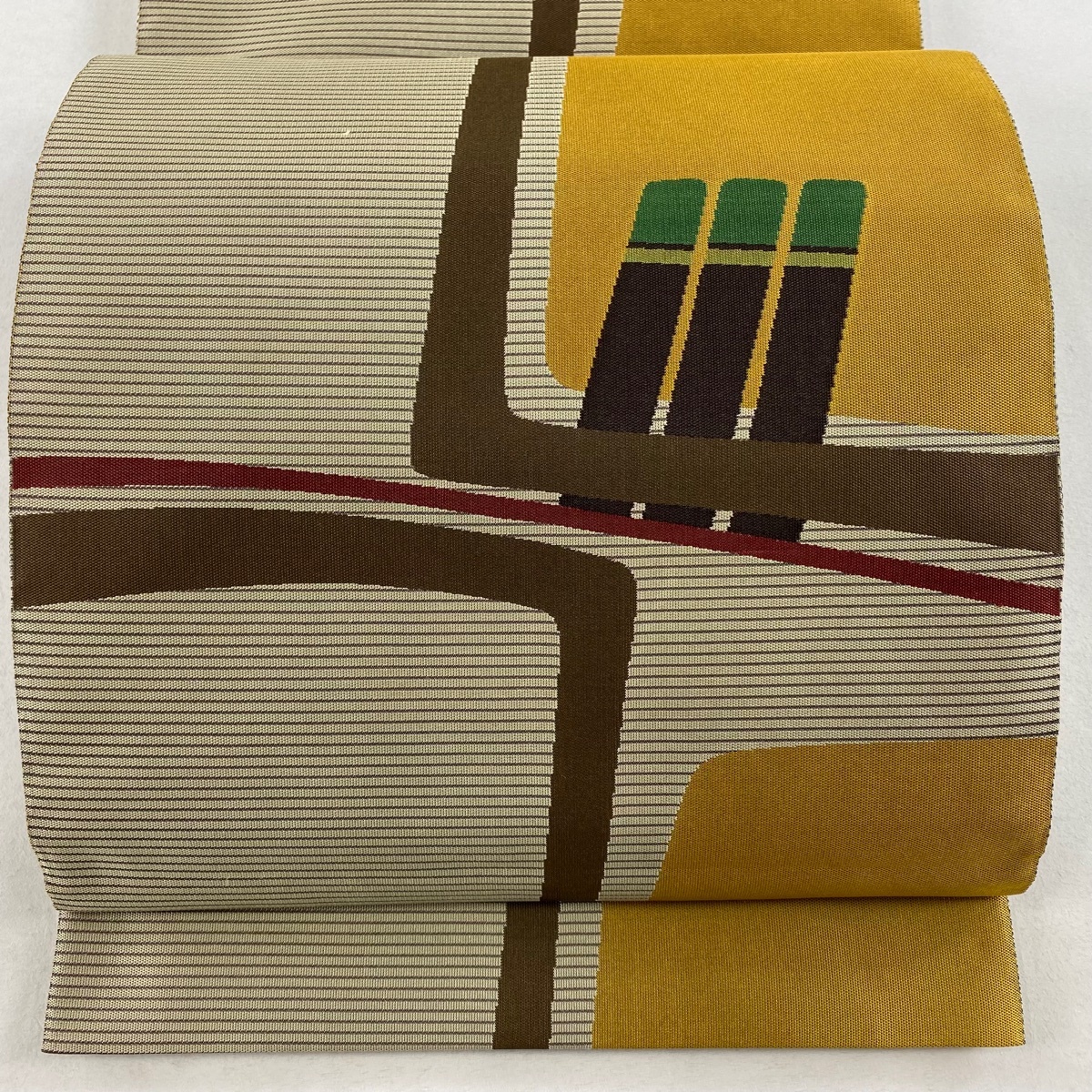 袋帯 美品 秀品 幾何学模様 縞模様 灰茶 全通 正絹 【中古】拍卖