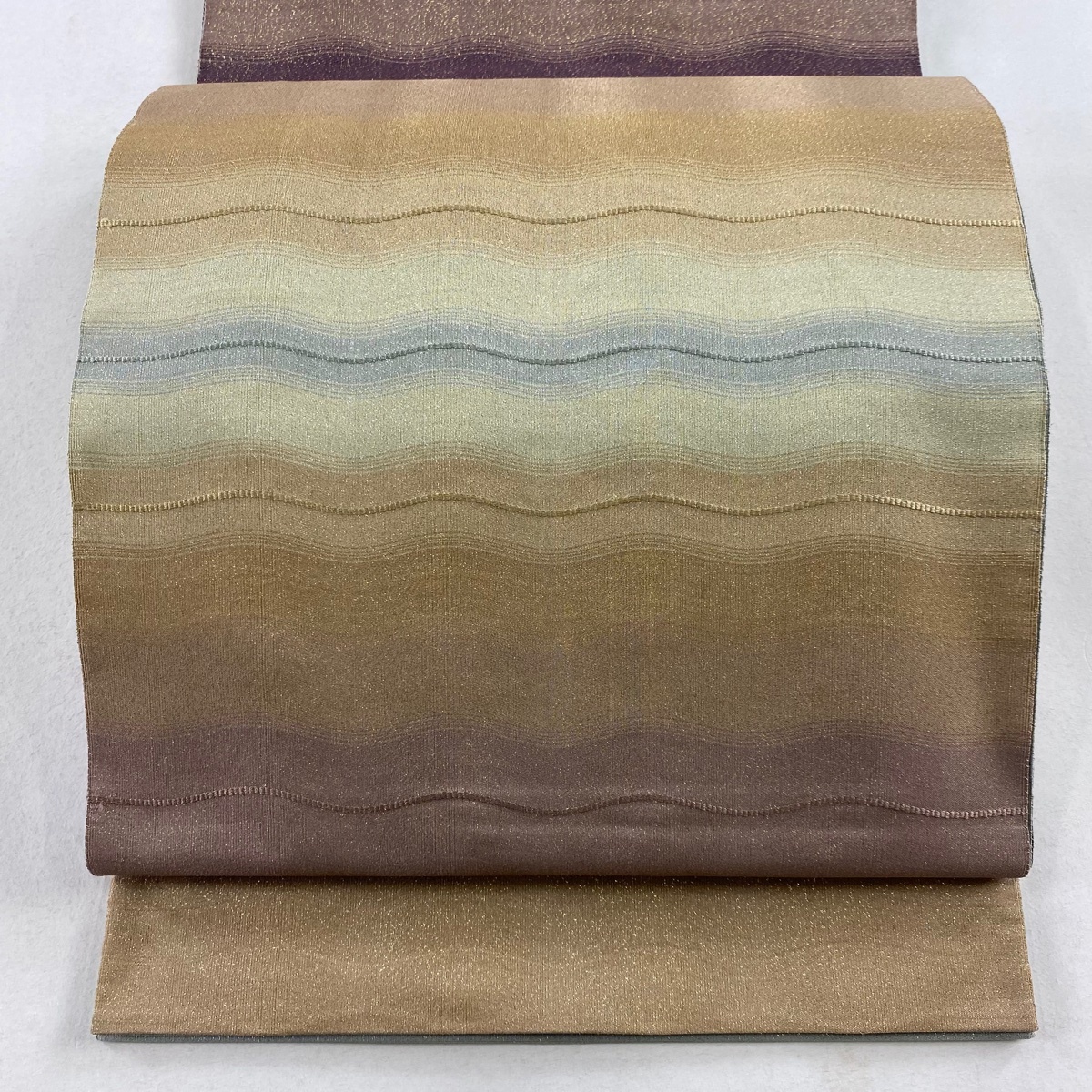 袋帯 秀品 やまと よろけ縞 三角 ぼかし 銀通し 紫 全通 正絹 【中古】拍卖