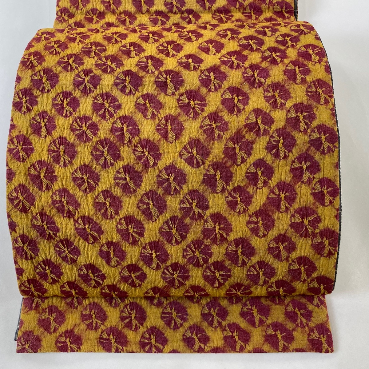 袋帯 美品 秀品 紬地 幾何学模様 絞り 黄土色 全通 正絹 【中古】拍卖