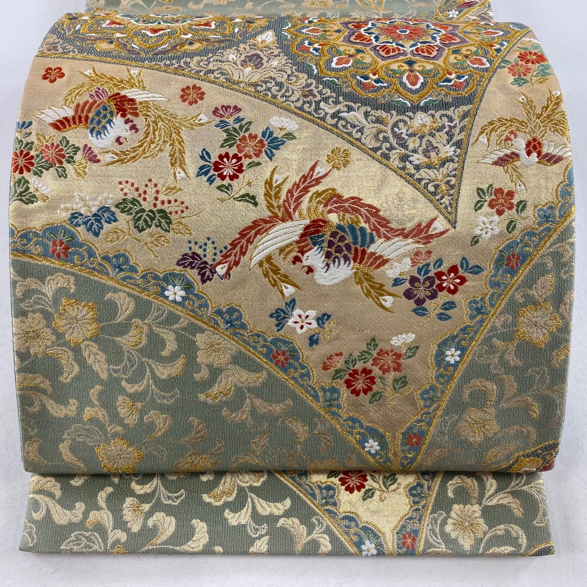 袋帯 美品 秀品 華文 鳳凰 金糸 箔 灰緑 六通 正絹 【中古】拍卖