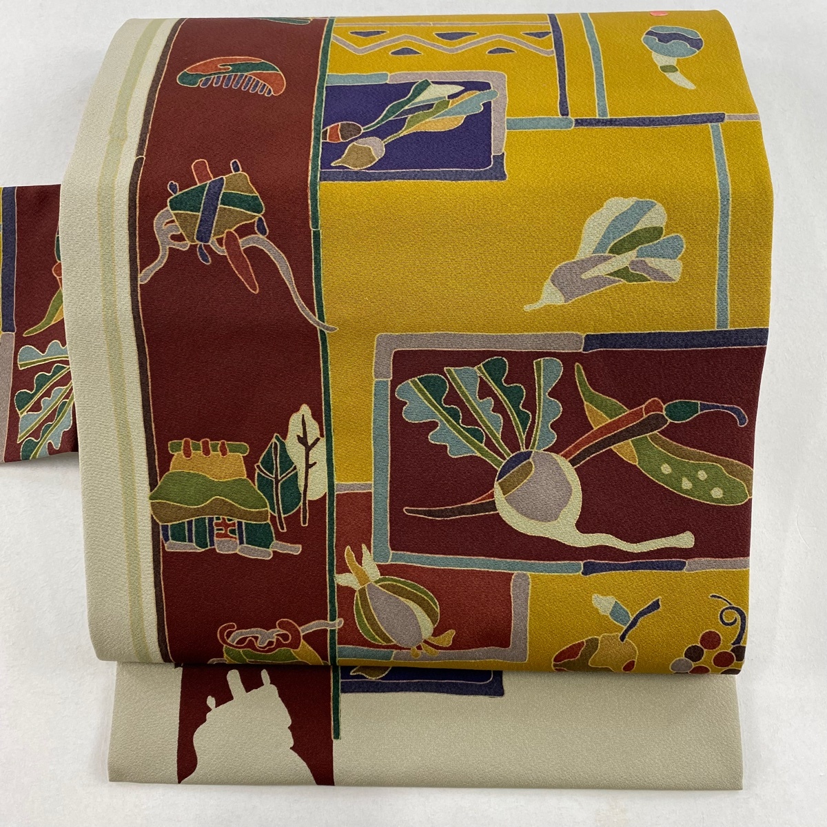 名古屋帯 秀品 魚 生り物 山吹茶色 正絹 【中古】拍卖