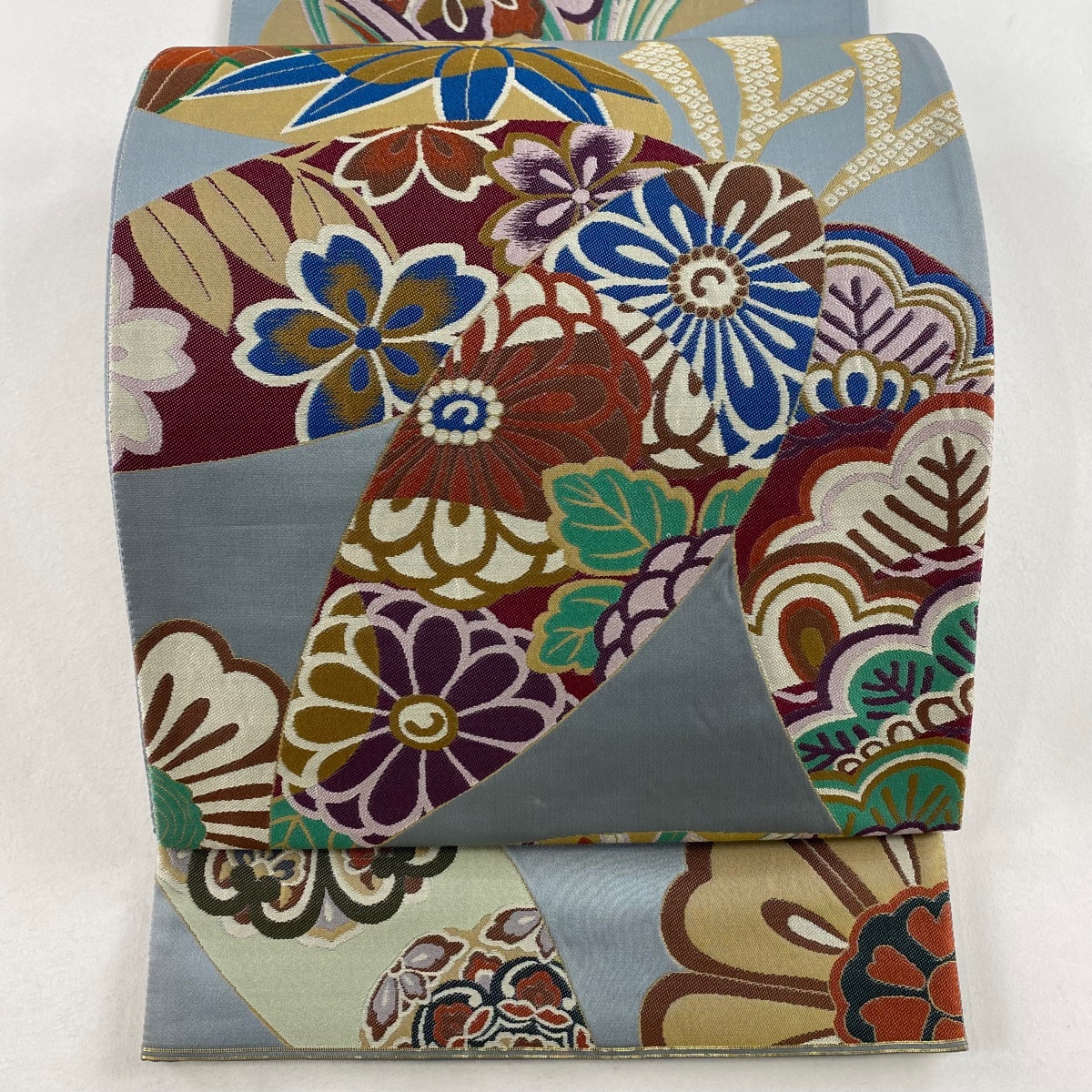 袋帯 美品 秀品 菊 桜 青灰色 六通 正絹 【中古】拍卖