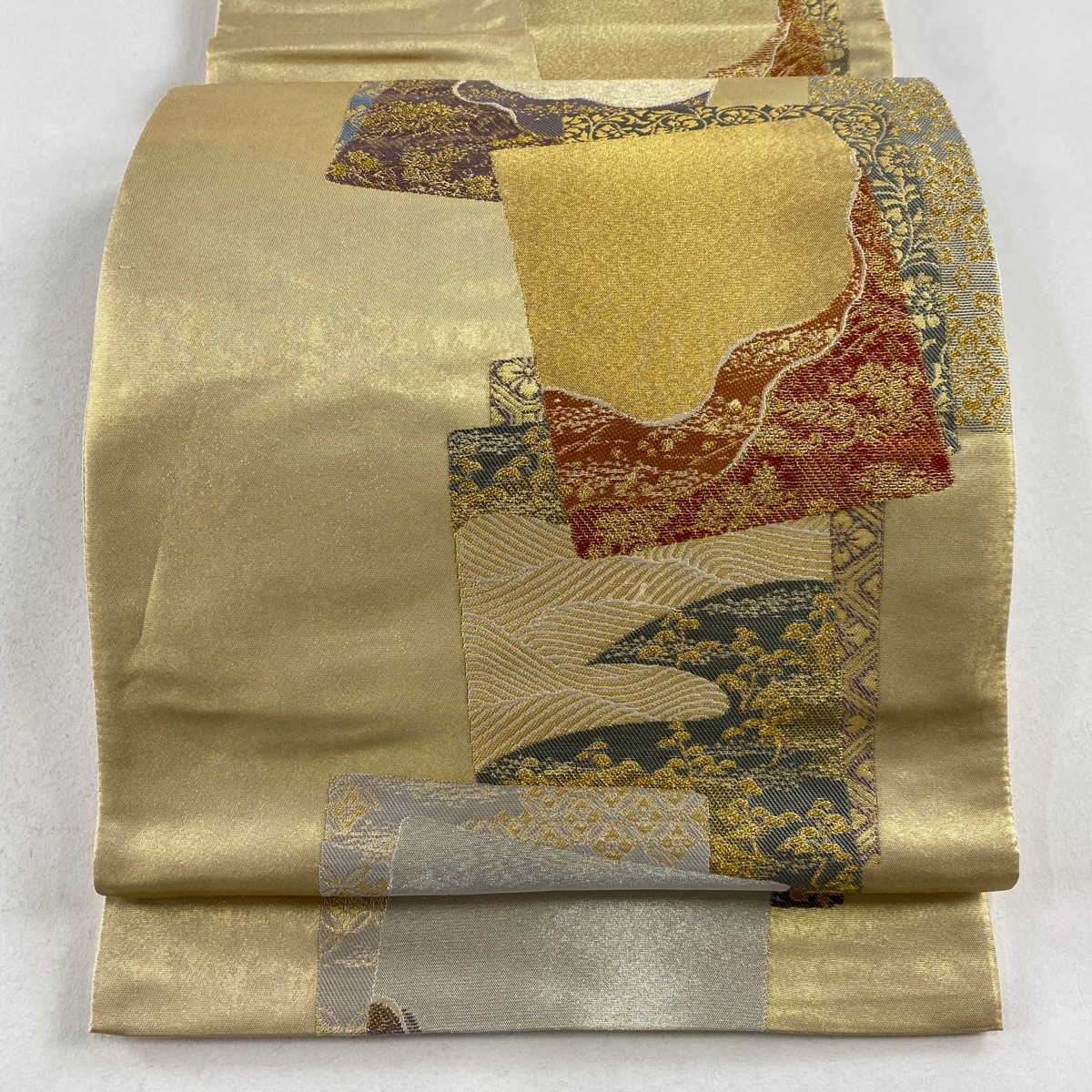 袋帯 美品 秀品 色紙 草花 金糸 箔 金色 六通 正絹 【中古】拍卖