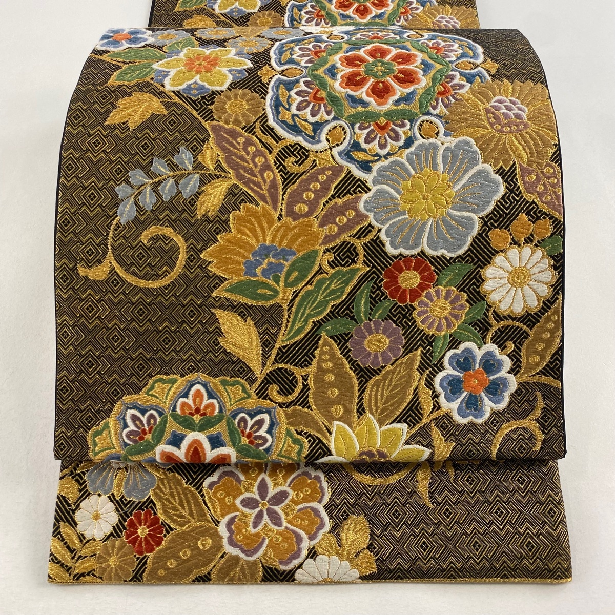 袋帯 美品 秀品 唐花彩華文 金糸 箔 金色 六通 正絹 【中古】拍卖