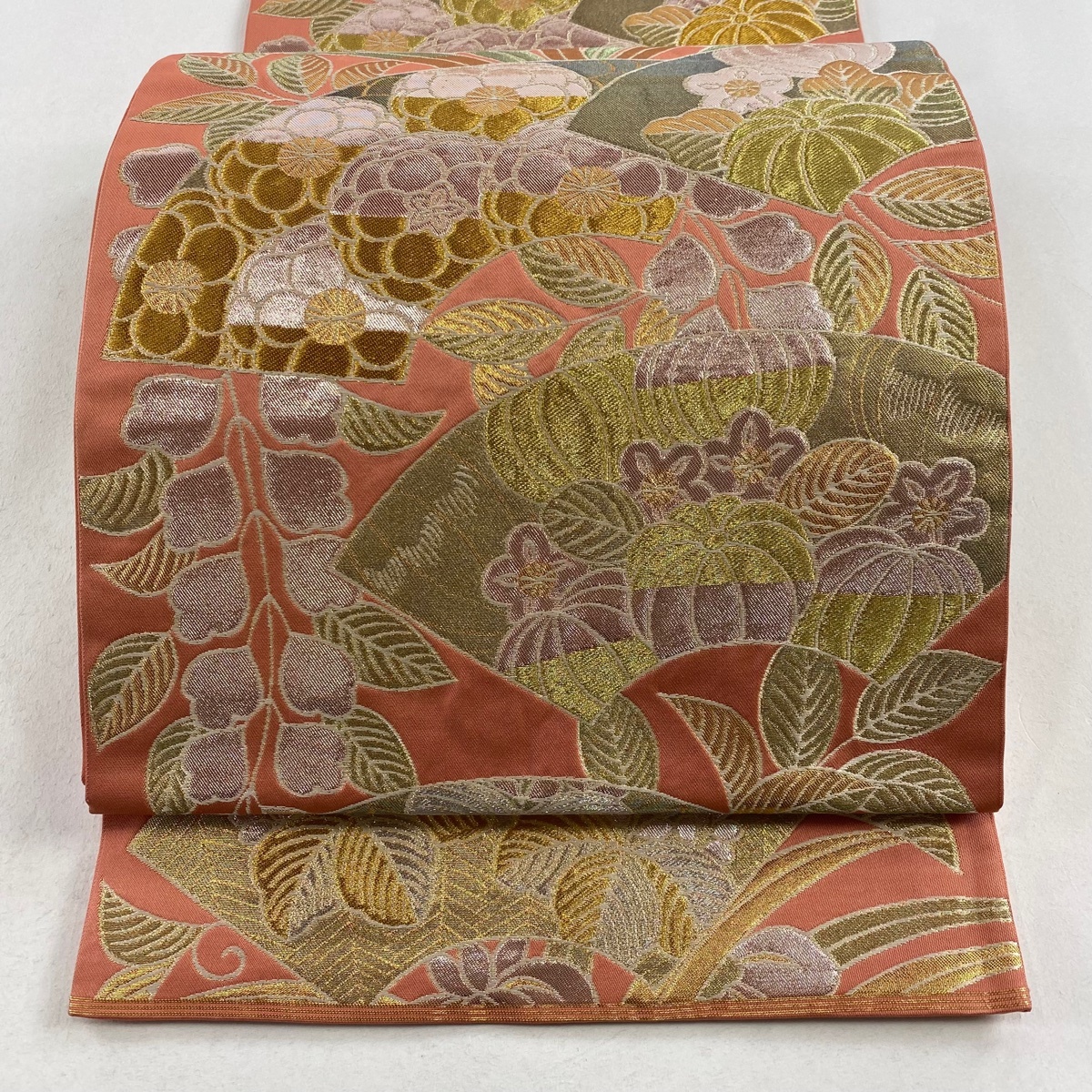 袋帯 美品 秀品 川島織物 落款 関西仕立て 扇面 草花 金糸 箔 ピンク 六通 正絹 【中古】拍卖