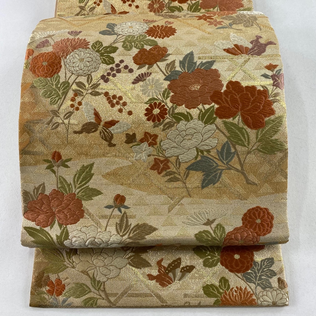 袋帯 秀品 草花 蝶 刺繍 箔 金色 六通 正絹 【中古】拍卖