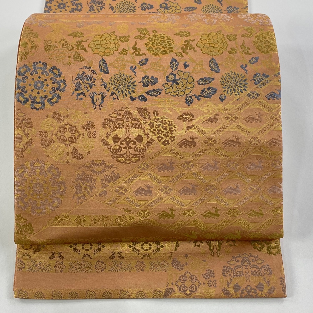 袋帯 美品 名品 箔屋清兵衛 落款 花唐草 有栖川文 箔 ピンクベージュ 六通 正絹 【中古】拍卖