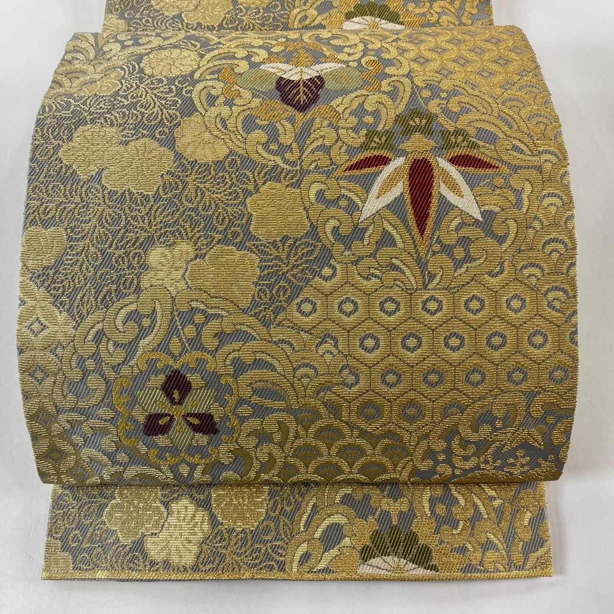 袋帯 美品 名品 桐 有職文様 金糸 箔 灰色 六通 正絹 【中古】拍卖