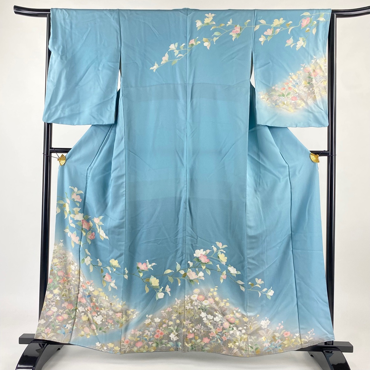 訪問着 身丈160.5cm 裄丈67cm M 袷 枝花 草花 金銀彩 ぼかし 水色 正絹 秀品 【中古】拍卖