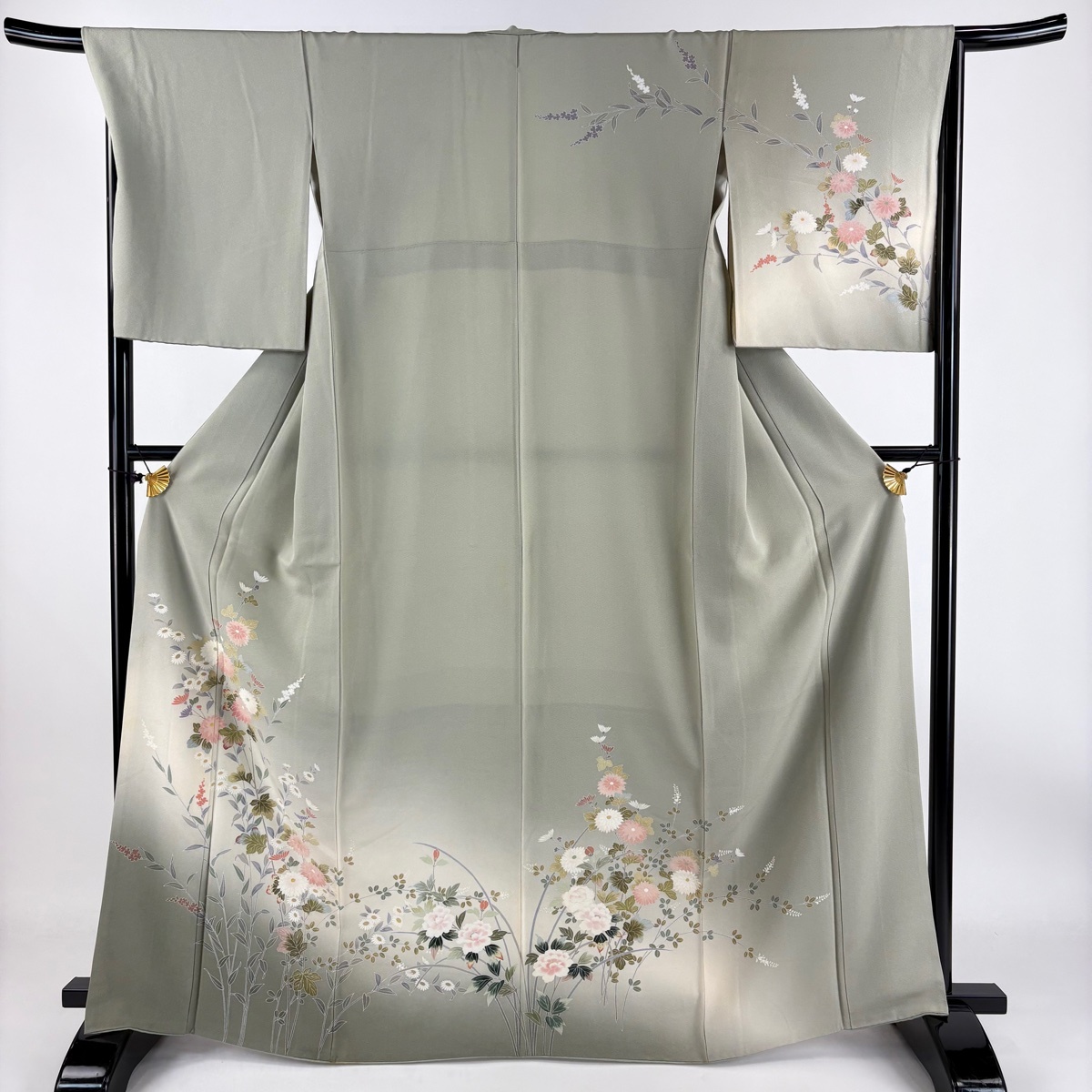 訪問着 身丈166cm 裄丈68cm L 袷 草花 ぼかし 薄緑 正絹 秀品 【中古】拍卖