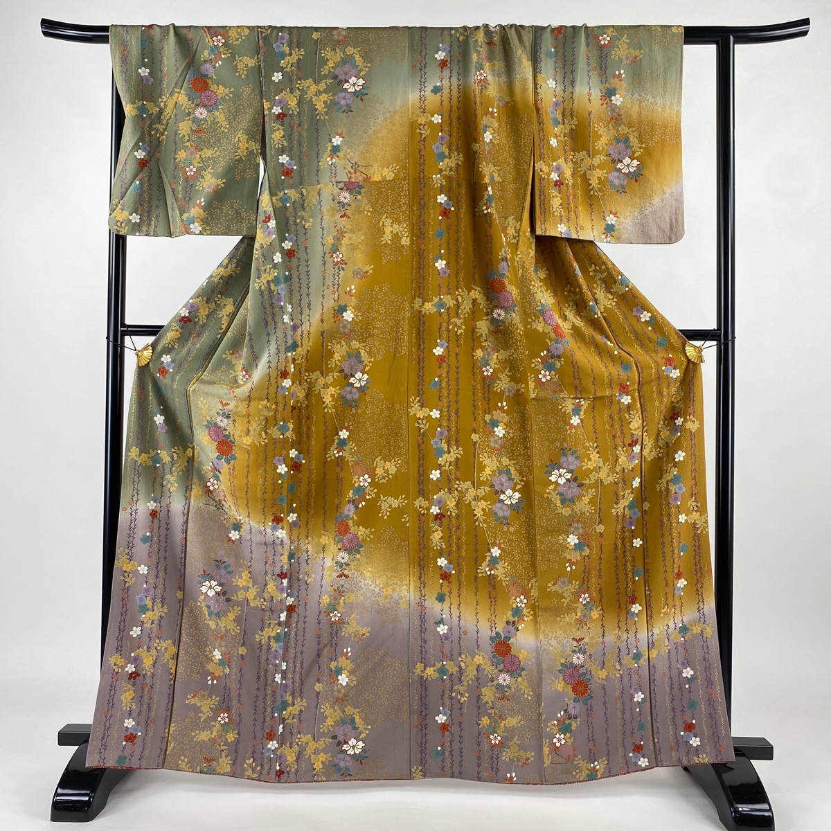 訪問着 身丈165cm 裄丈66cm M 袷 桜 菊 金彩 ぼかし 灰緑 正絹 秀品 【中古】拍卖
