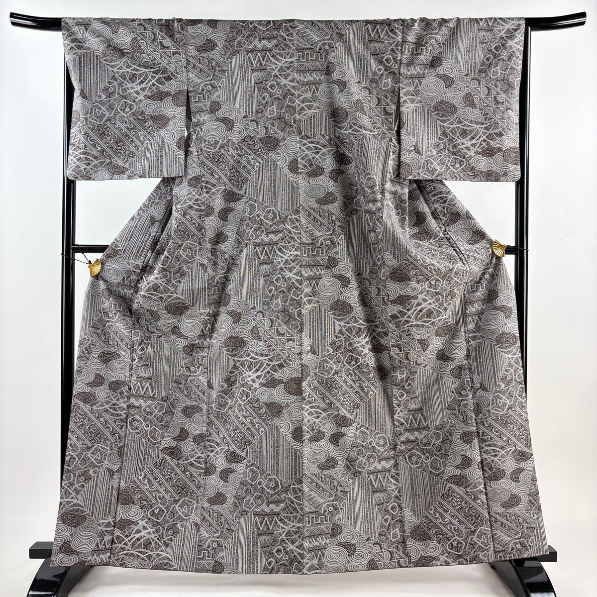 小紋 身丈164cm 裄丈67cm M 袷 渦巻き 縞 茶色 正絹 秀品 【中古】拍卖