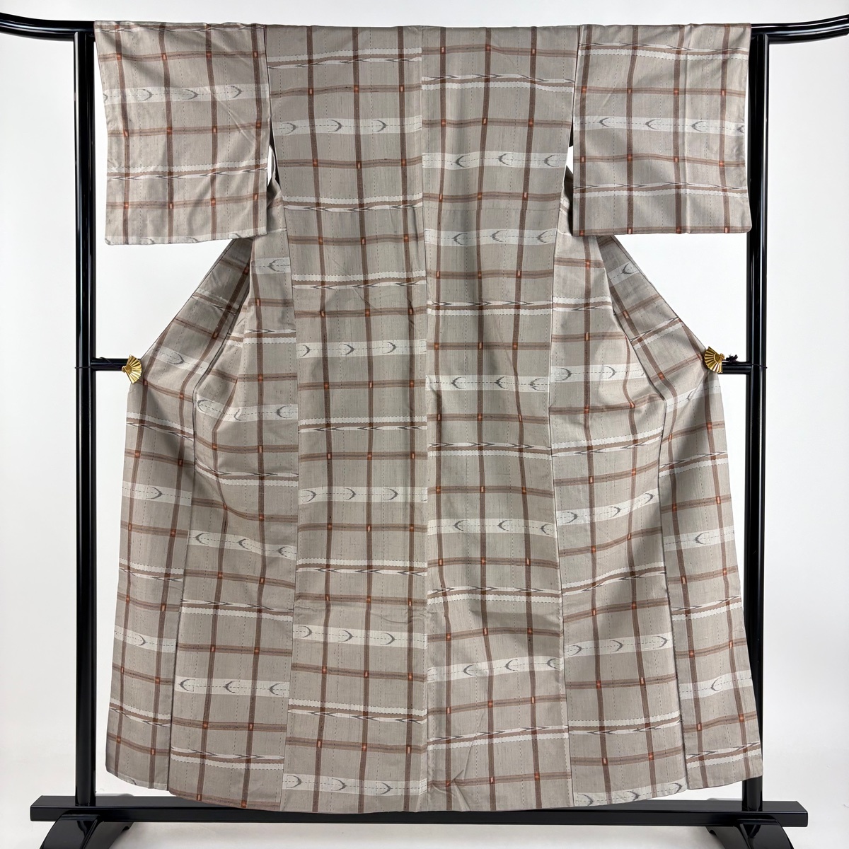 紬 身丈155cm 裄丈63cm S 袷 格子 幾何学 灰茶 正絹 秀品 【中古】拍卖