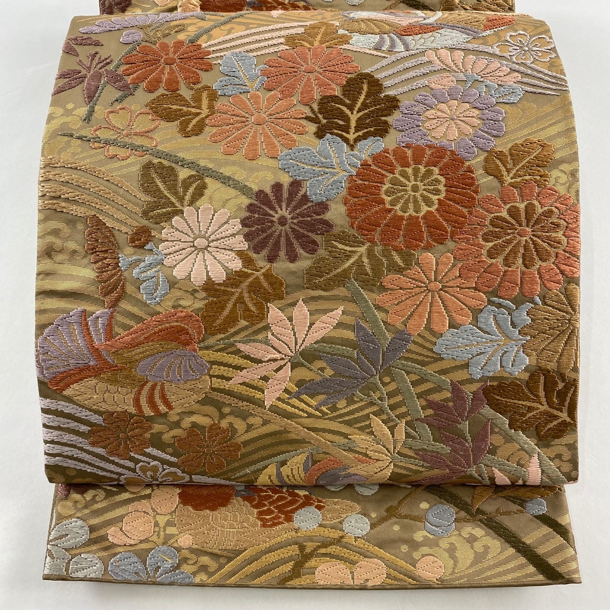 袋帯 秀品 鴛鴦 草花 唐織 箔 茶色 六通 正絹 【中古】拍卖