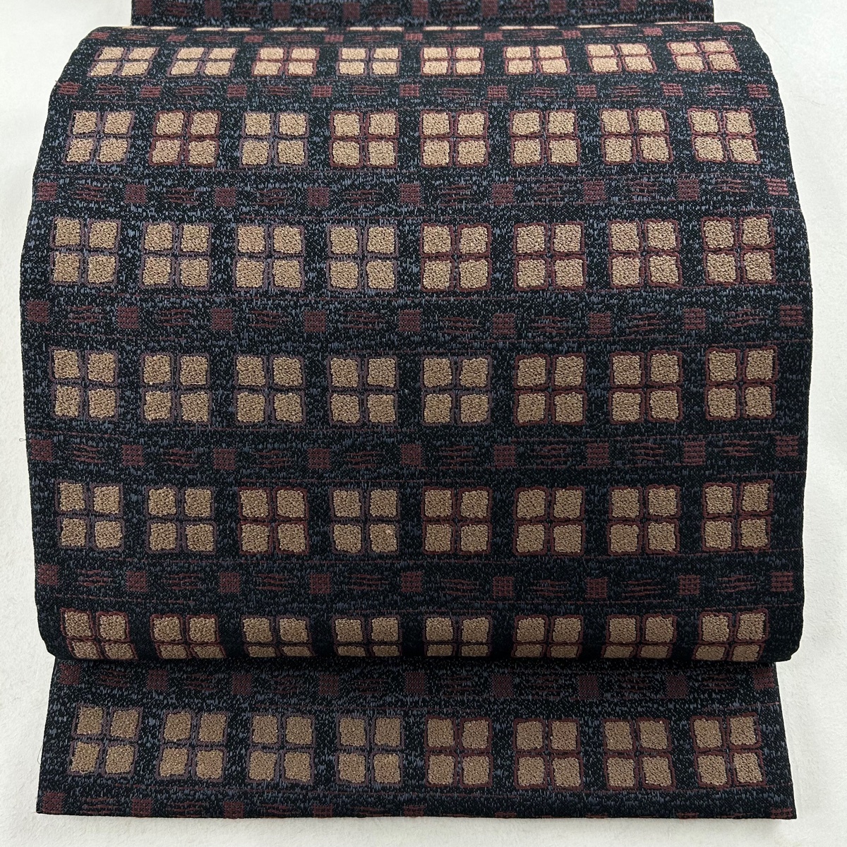 袋帯 美品 秀品 幾何学 紺色 全通 正絹 【中古】拍卖