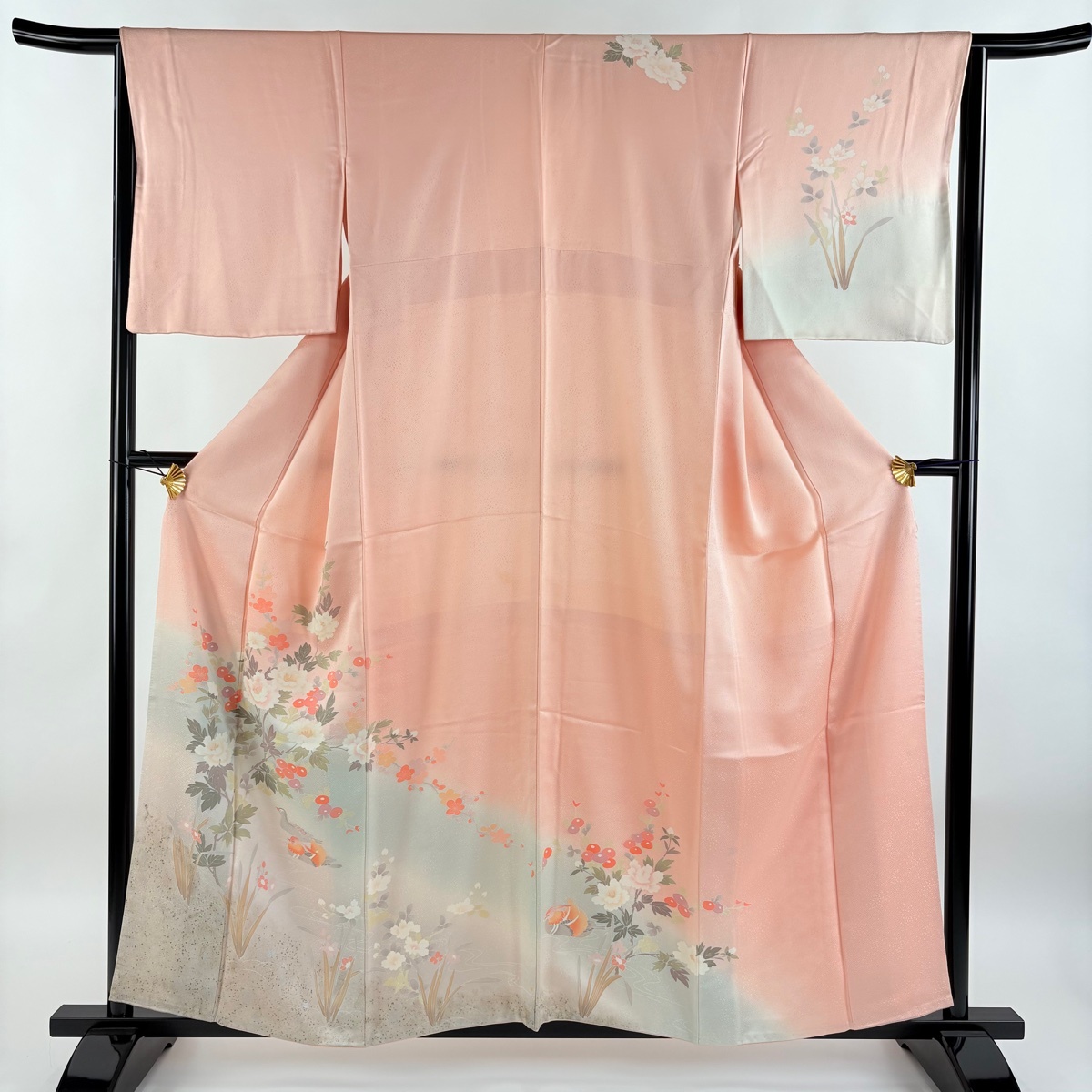 訪問着 身丈158cm 裄丈65cm M 袷 牡丹 鴛鴦 金銀彩 染め分け ピンク 正絹 秀品 【中古】拍卖