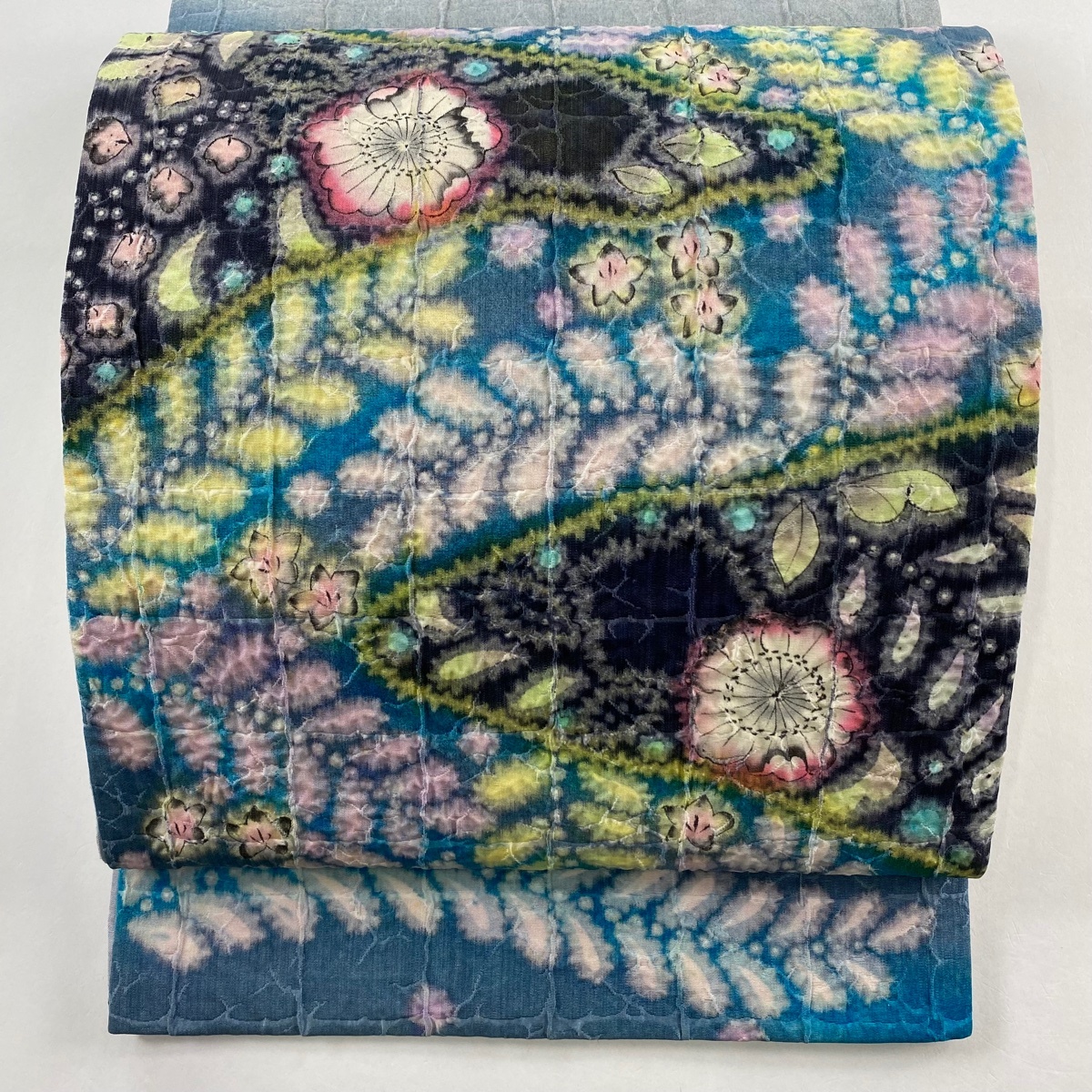 袋帯 秀品 辻が花柄 絞り 青灰色 お太鼓柄 正絹 【中古】拍卖