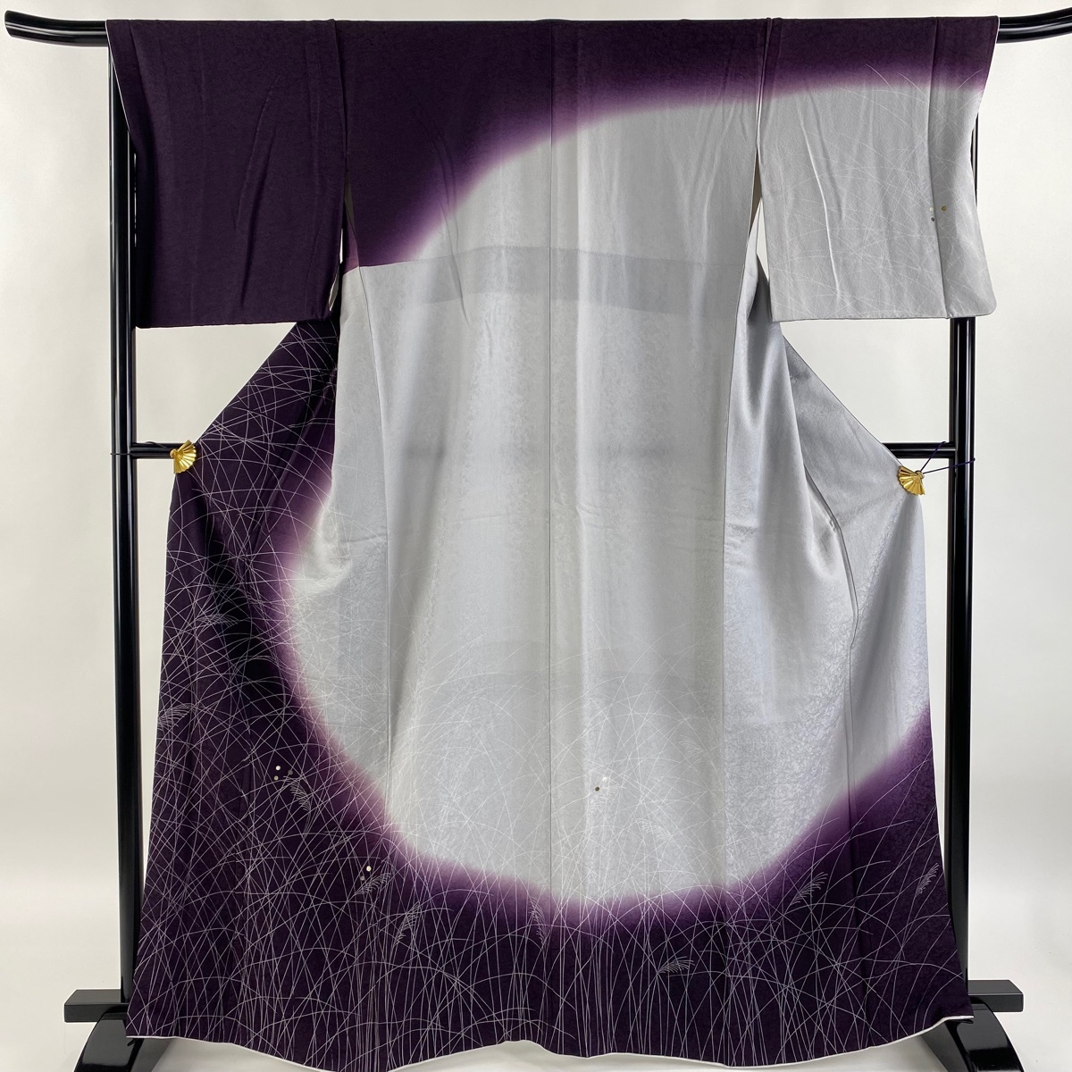 訪問着 身丈165cm 裄丈67.5cm L 袷 ススキ 露 金彩 染め分け 紫 正絹 秀品 【中古】拍卖