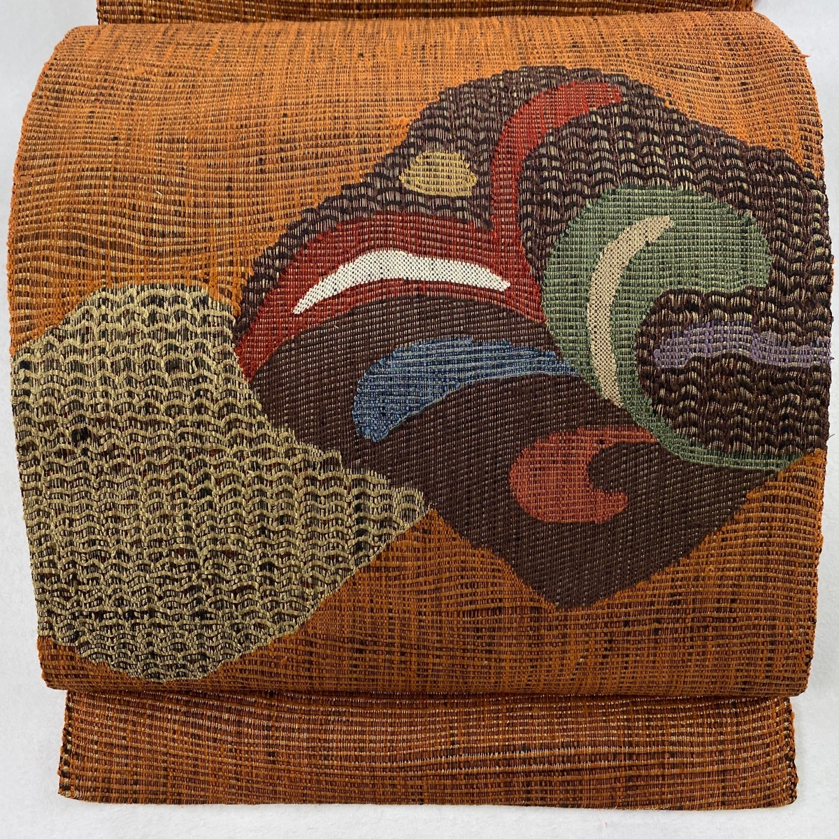 名古屋帯 秀品 夏帯 八寸名古屋帯 松葉仕立て 葉柄 幾何学模様 金糸 赤茶 正絹 【中古】拍卖